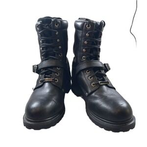 Harley Davidson Motorcycle Black Leather Buckle Lace Up Mid Calf Boots Mens 10.5
